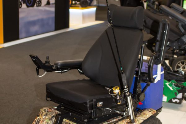 An accessible wheelchair with a fishing rod element on display - ATSA Brisbane Expo Gallery 2019